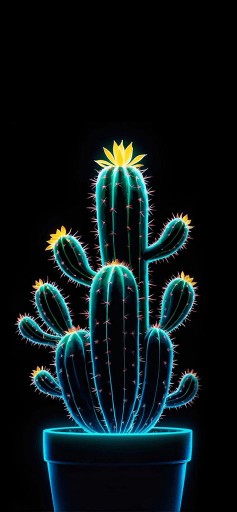 Fondos de pantalla de un cactus con luces neon y con fondo de color negro