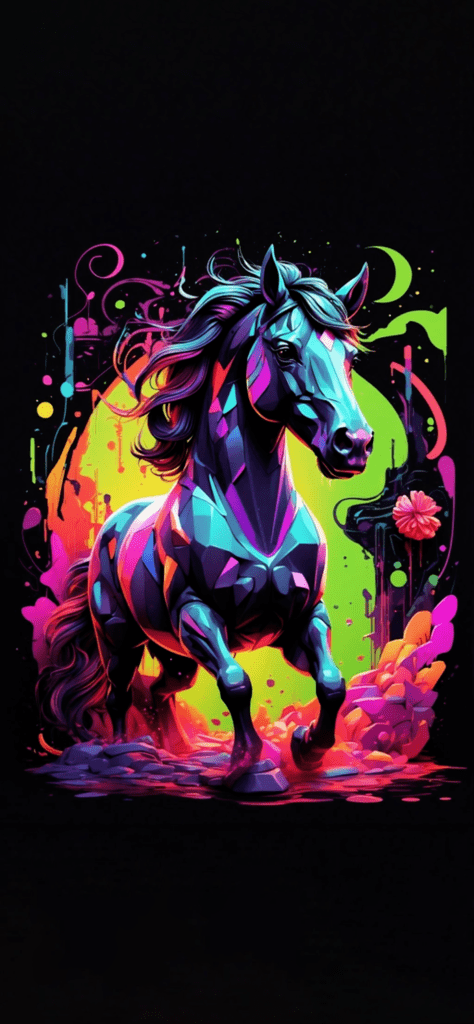 Fondo de pantalla de un caballo con grandiosos colores neon y fondo negro
