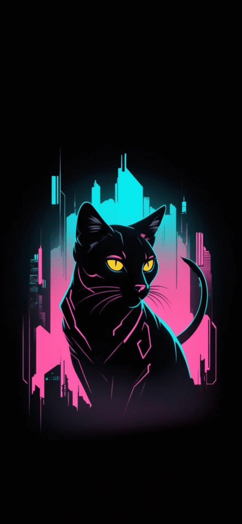 Fondo de pantalla de un gato negro con colores neon y fondo negro