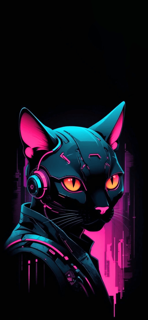 Fondo de pantalla de un gato robotizado negro con colores neones y fondo negro