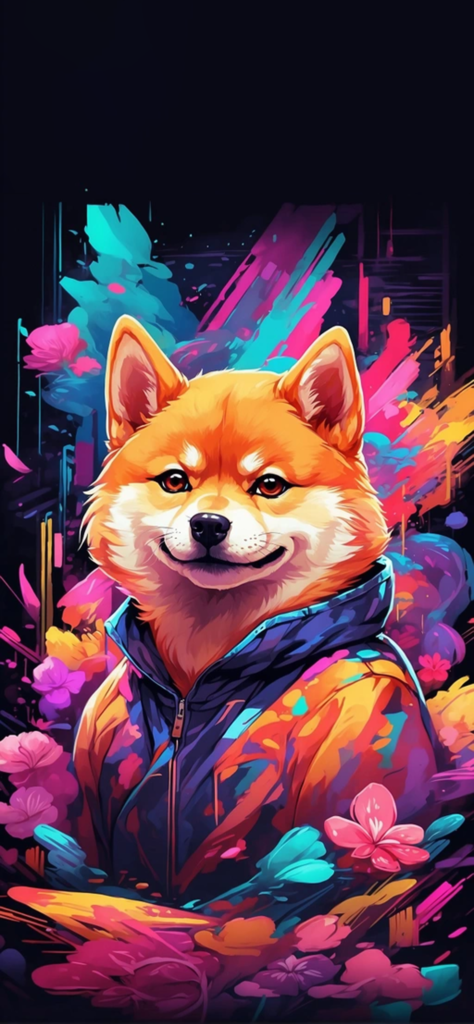 Fondo de pantalla de un shiba inu feliz con colores neon y fondo negro