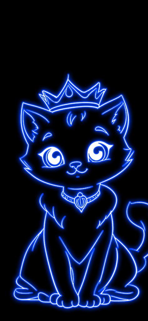 Fondo de pantalla de un gato con corona, con color azul neon y fondo negro