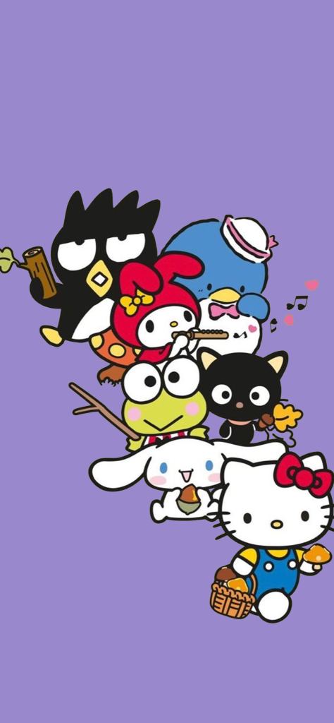 Fondo de pantalla de hello kitty y sus amigos bonitos con fondo lila