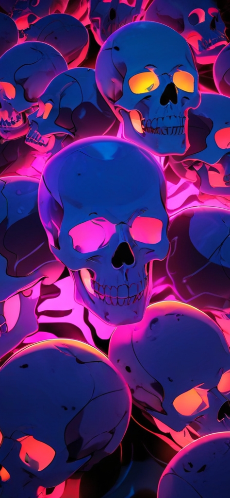 Fondo de pantalla de calaveras con colores neones rosa y brillantes