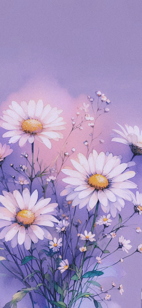 fondo de pantalla morado con flores blancas estilo acuarela