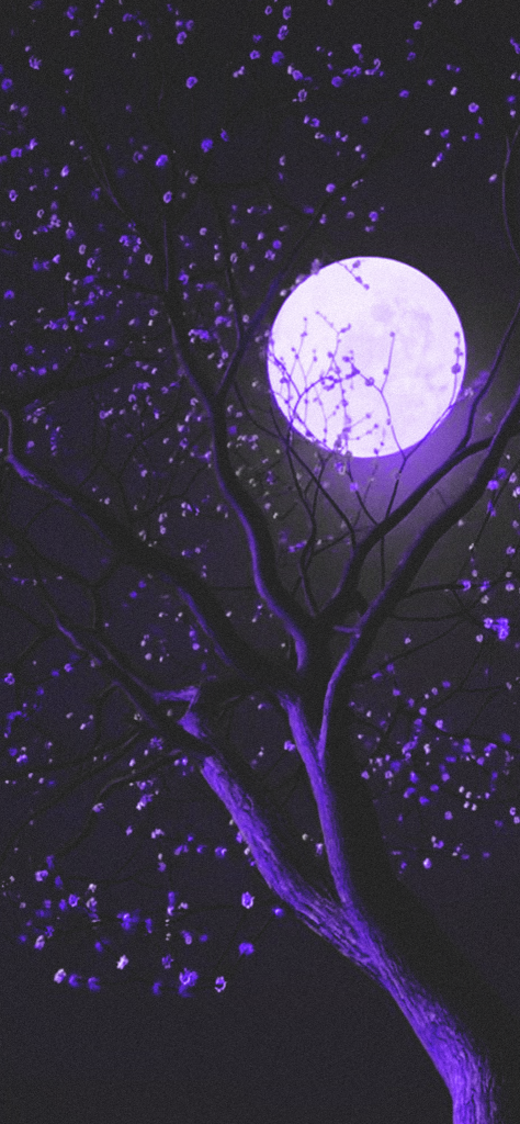fondo de pantalla morado con negro, con la luna y un arbol visibles
